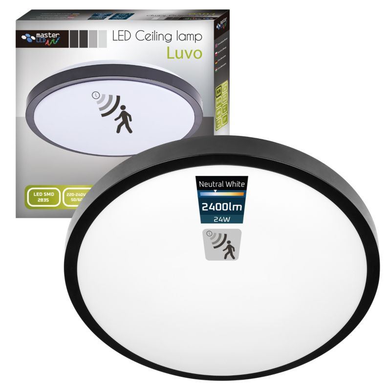 Plafon LED MasterLED Luvo z czujnikiem DIP 24W 32,5 cm IP44 neutralna biel 4000K okrągły czarny 1 szt.