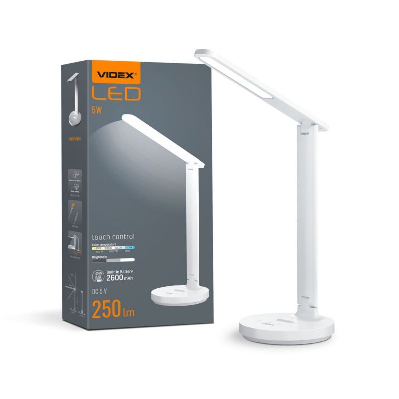 Lampka biurkowa Videx biała LED 5W 3000K / 4000K / 6500K 250lm akumulator IP20 wym: 34.3 x 15 x 15 cm tworzywo sztuczne - 1 szt.
