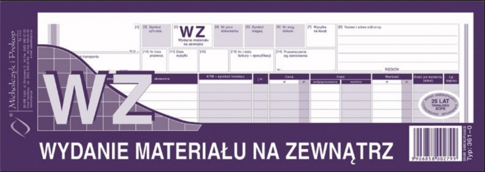Druk akcydensowy WZ Wydanie materiału na zewnątrz MiP 361-0, 1/2 A4, wielokopia, 80k