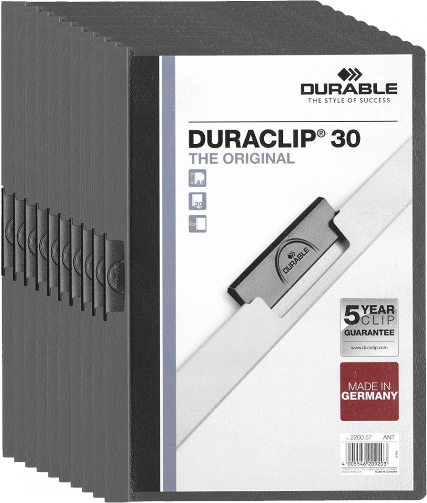10x Skoroszyt plastikowy z klipsem Durable Duraclip, A4, do 30 kartek, grafitowy