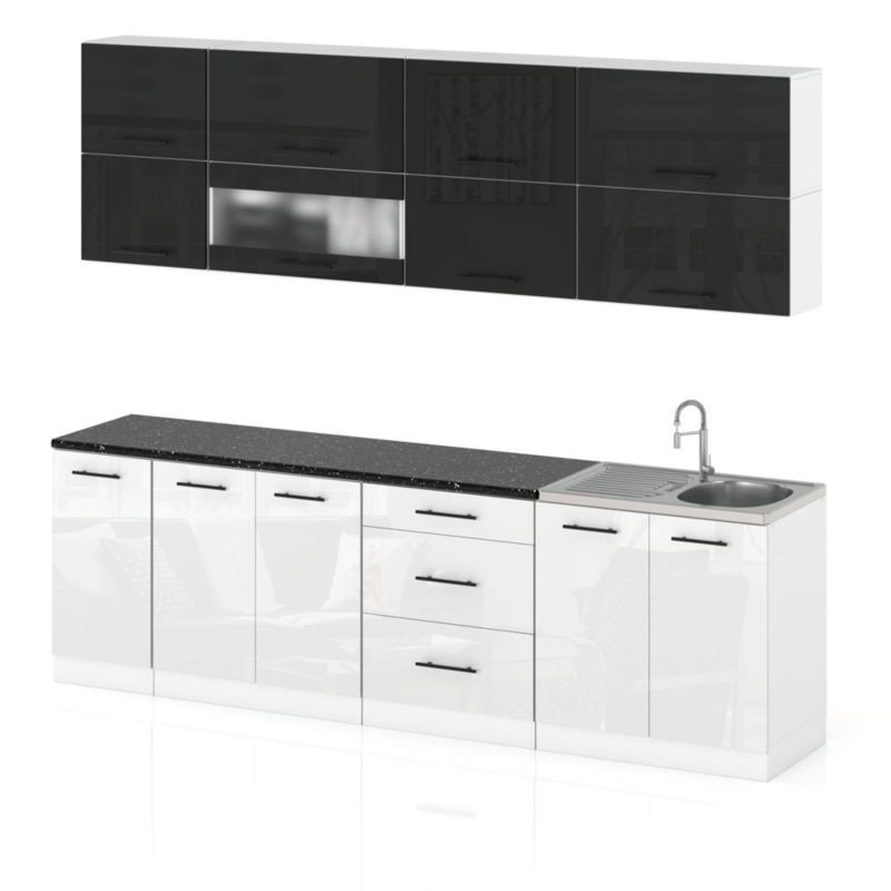 Zestaw Kuchenny Hurtownia-Mebli Z Blatem Kuchnia Robo Lux 260cm Biały Mat Czarny Połysk/Biały Połysk 260x52x157 cm 1szt.