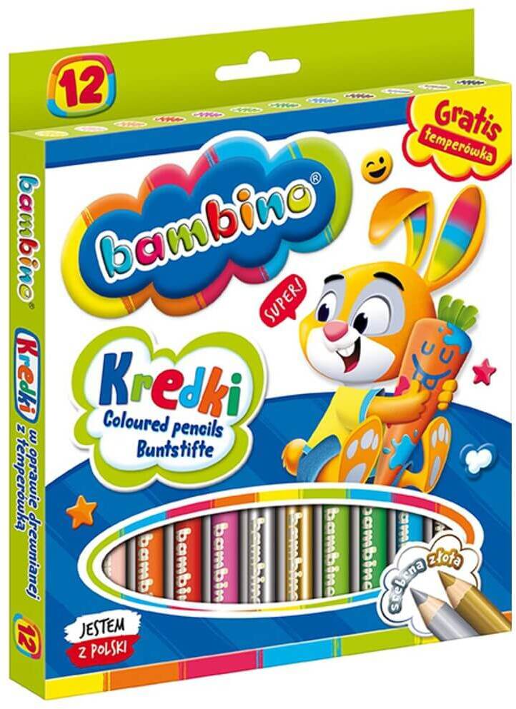 Kredki Bambino Zwierzaki Uczniaki, w oprawie drewnianej, 12 sztuk + temperówka, mix kolorów
