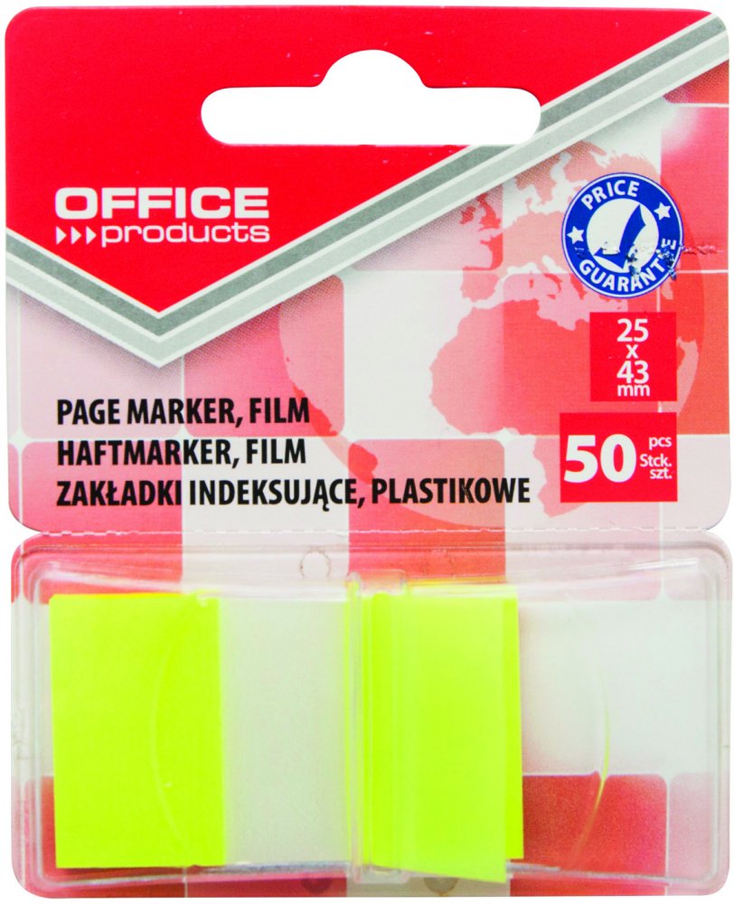 Zakładki samoprzylepne Office Products, indeksujące, folia PP, 25x43mm, 1x50 sztuk, żółty