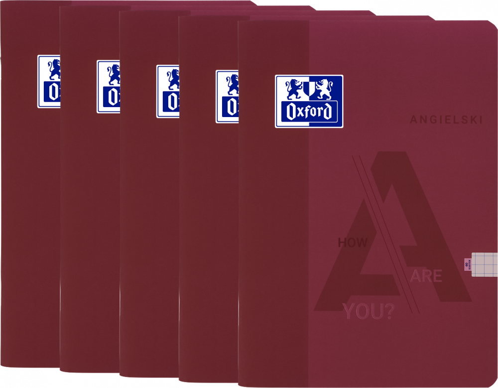 5x Zeszyt przedmiotowy w kratkę Oxford J. Angielski, A5, miękka oprawa, 60 kartek, bordowy