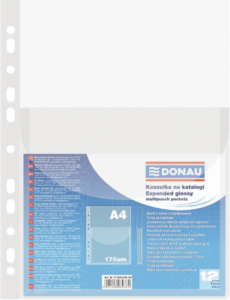 12x Koszulki krystaliczne Donau, z klapką, A4, 170μm, 1 szt, transparentny
