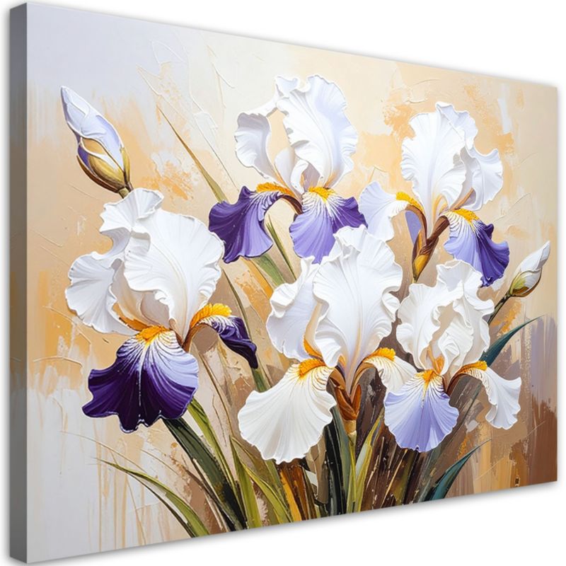 Obraz do salonu Feeby Białe Irysy Kwiaty na abstrakcyjnym beżowym tle 90x60cm 1szt