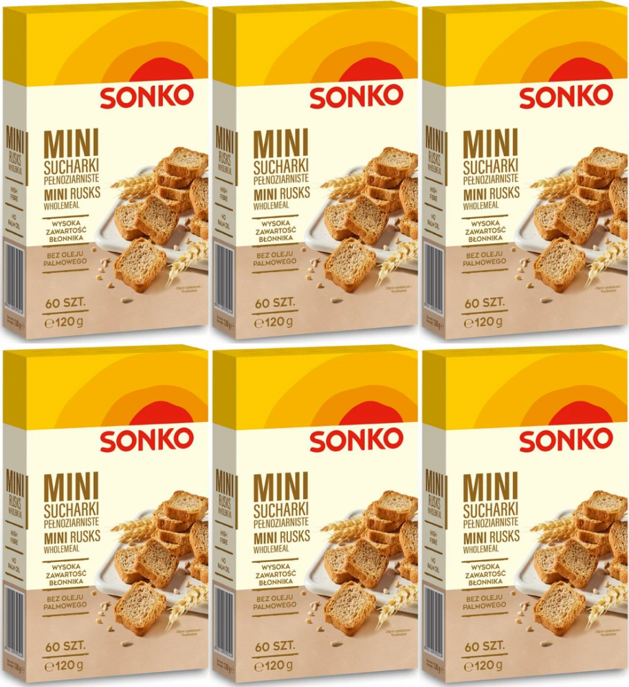 6x Mini sucharki Sonko, pełnoziarniste, 60 sztuk, 120g