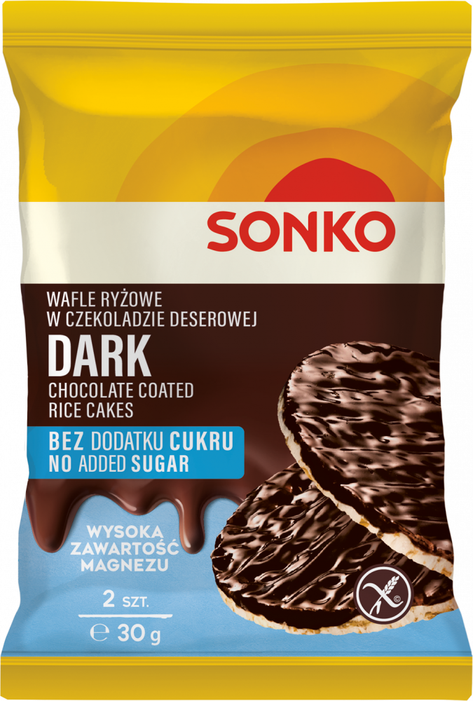 Wafle ryżowe Sonko, w czekoladzie deserowej, bez dodatku cukru, 2 sztuki, 30g