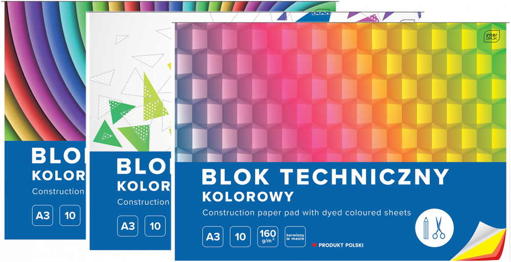 3x blok techniczny kolorowy Intedruk, A3, 10 kartek, mix wzorów