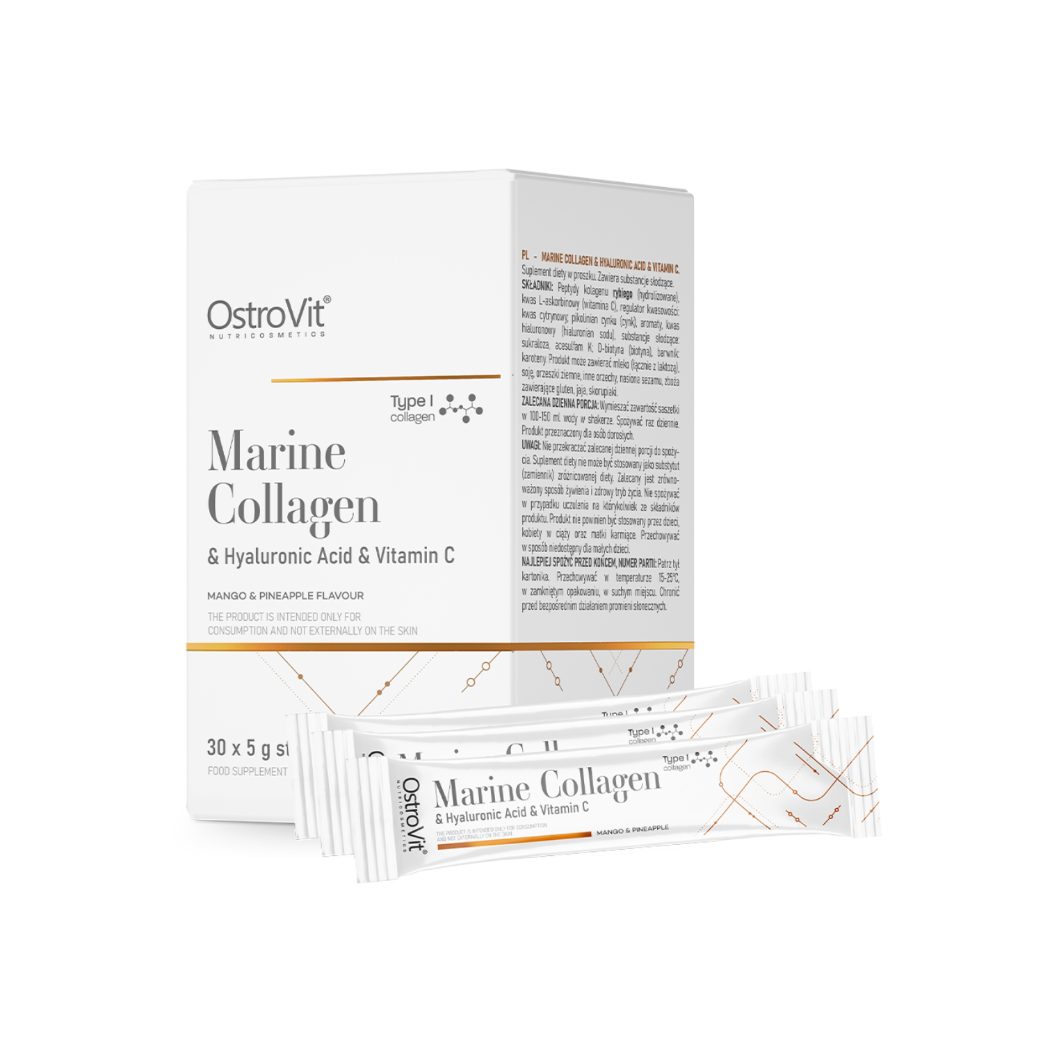 Ostrovit, kolagen morski + kwas hialuronowy + witamina c 5 g x 30 box mango z ananasem, 30 sztuk