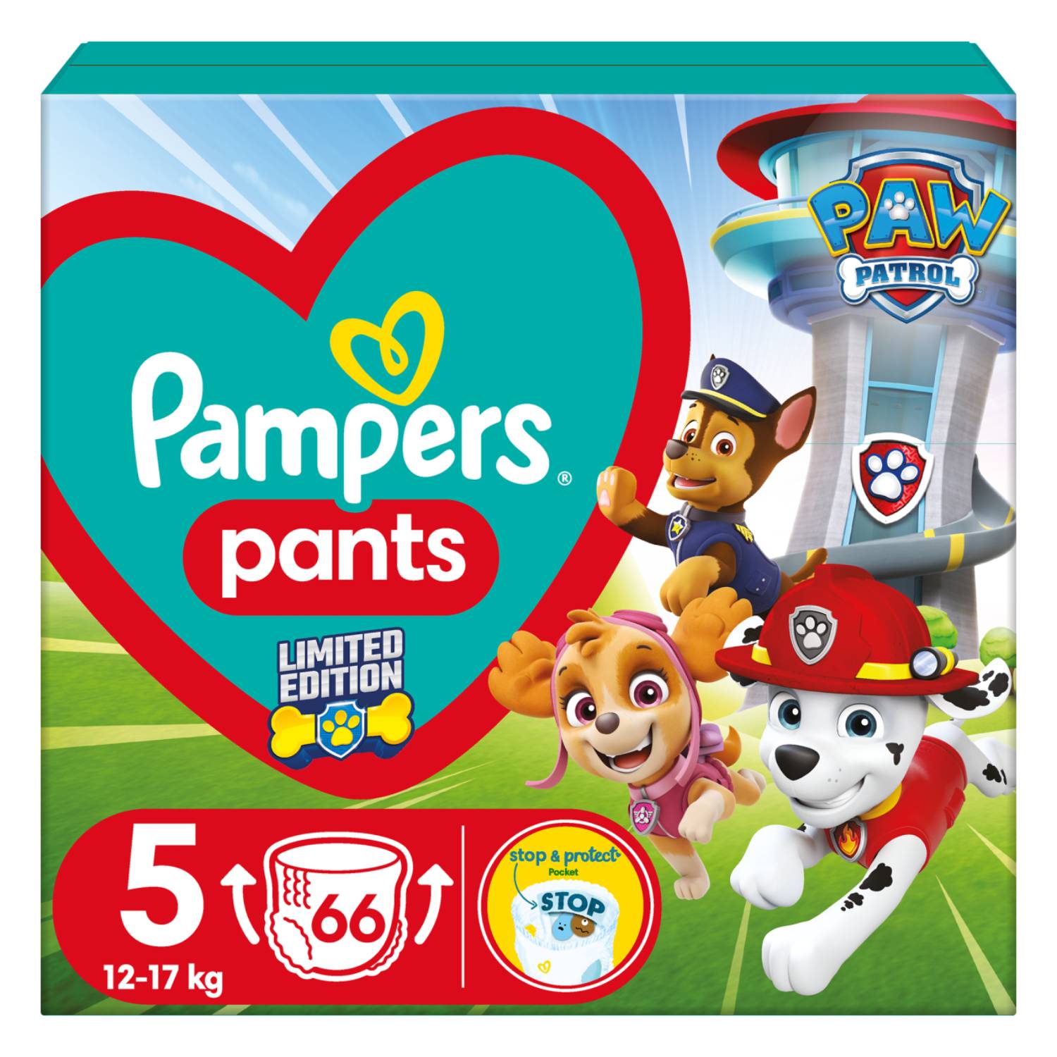 Pampers pants psi patrol - pieluchomajtki, rozmiar 5, 12-17 kg, 66 sztuk