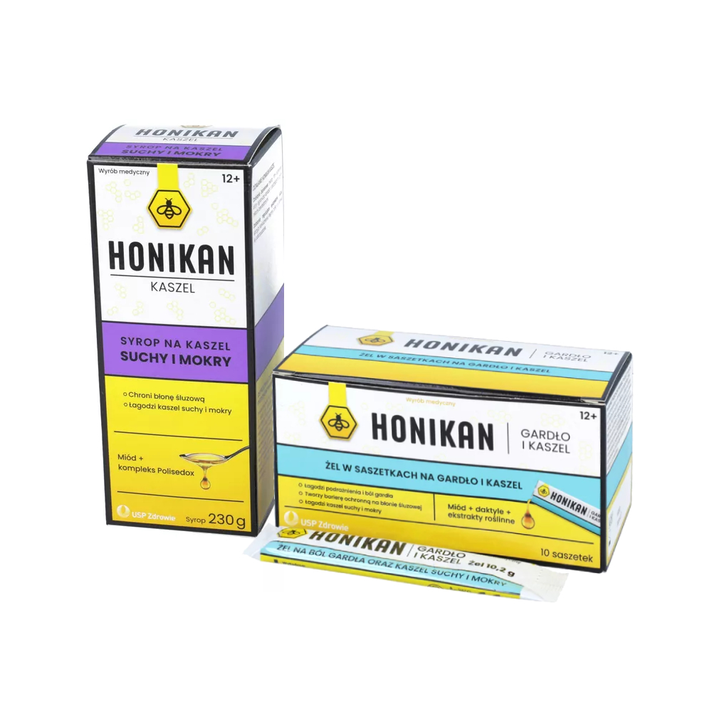 Zestaw: honikan - kaszel, syrop na kaszel suchy i mokry, 230 g + honikan - gardło i kaszel, żel w saszetkach na ból gardła i kaszel, 10 saszetek