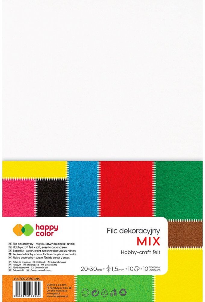 Filc dekoracyjny Happy Color Mix, 20x30 cm, 1.5 mm, 10 arkuszy, 10 kolorów