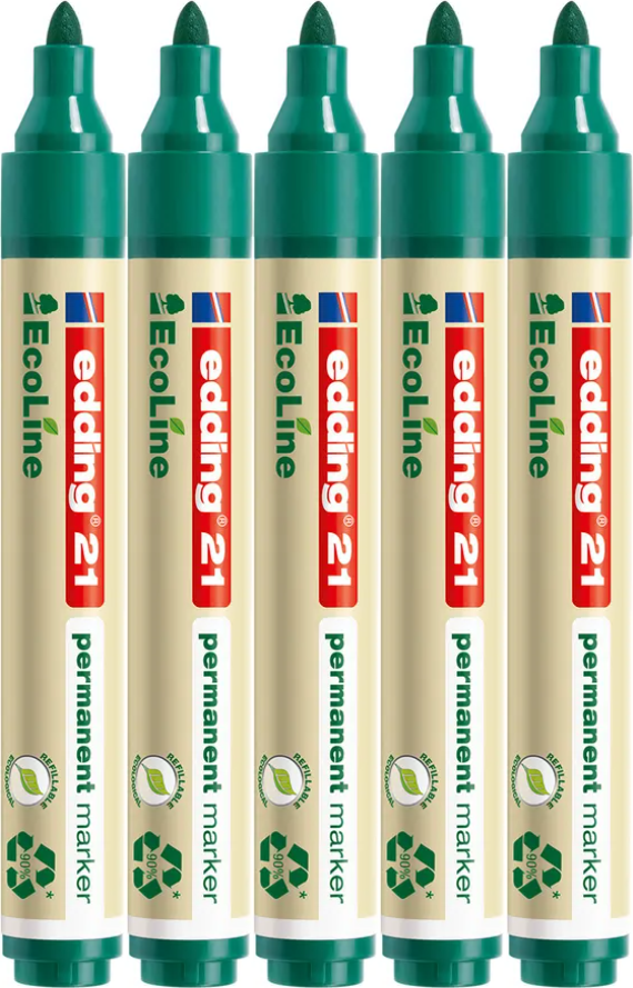5x Marker permanentny edding 21 EcoLine, okrągła, 1.5-3mm, zielony