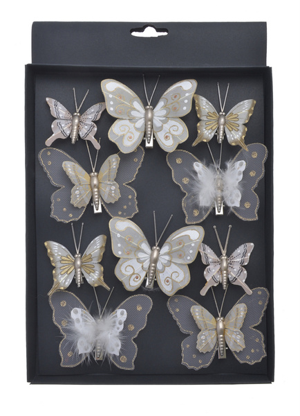Motyl na klipsie 10sztuk biało-złoty 5-8cm w pudełku