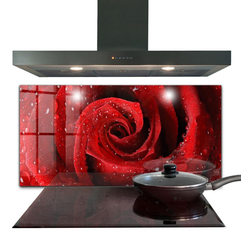Panel do kuchni Wallfluent 100x50 cm Krople Rosy na Róży Szklany 1 szt.