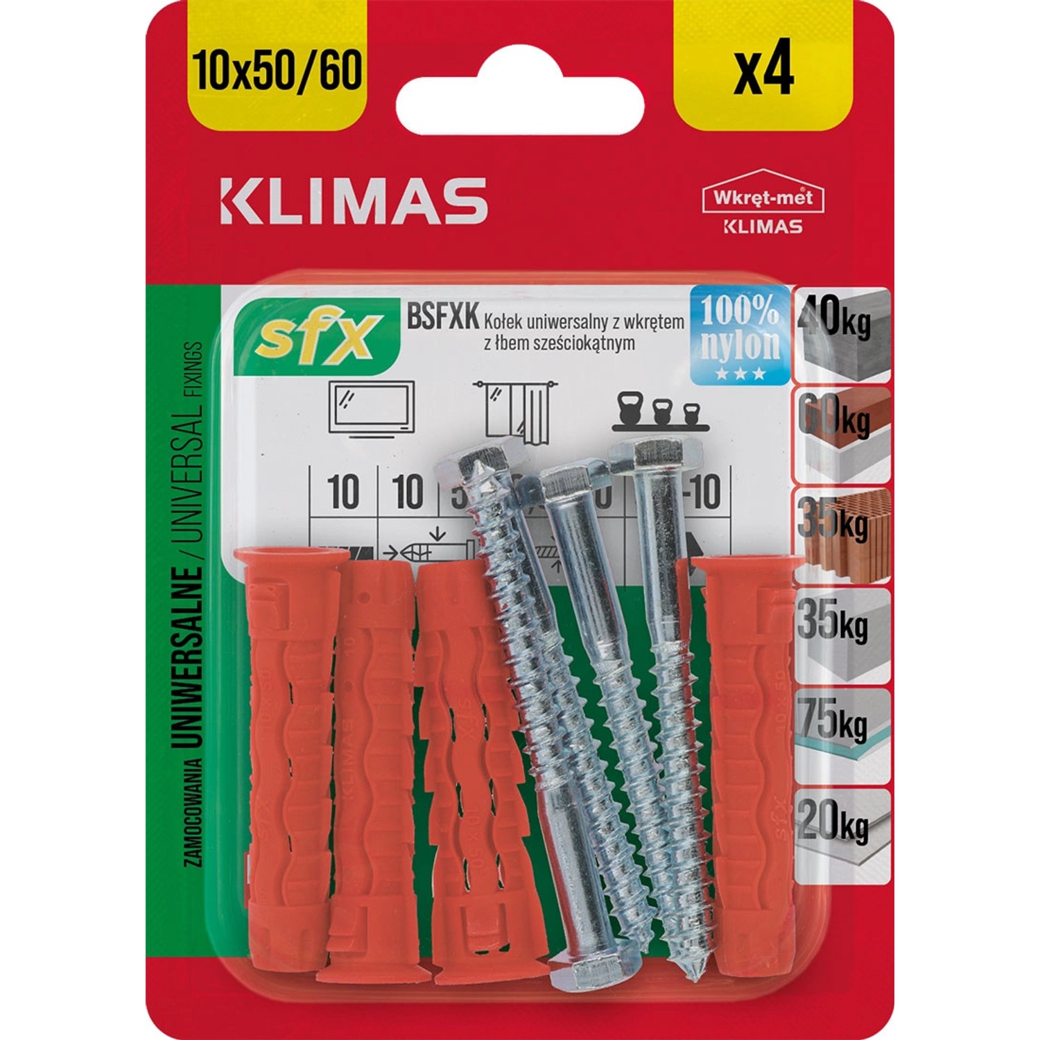 Wkręt-met Kołek SFX uniwersalny 10x50mm z łbem 6-kątnym 4szt