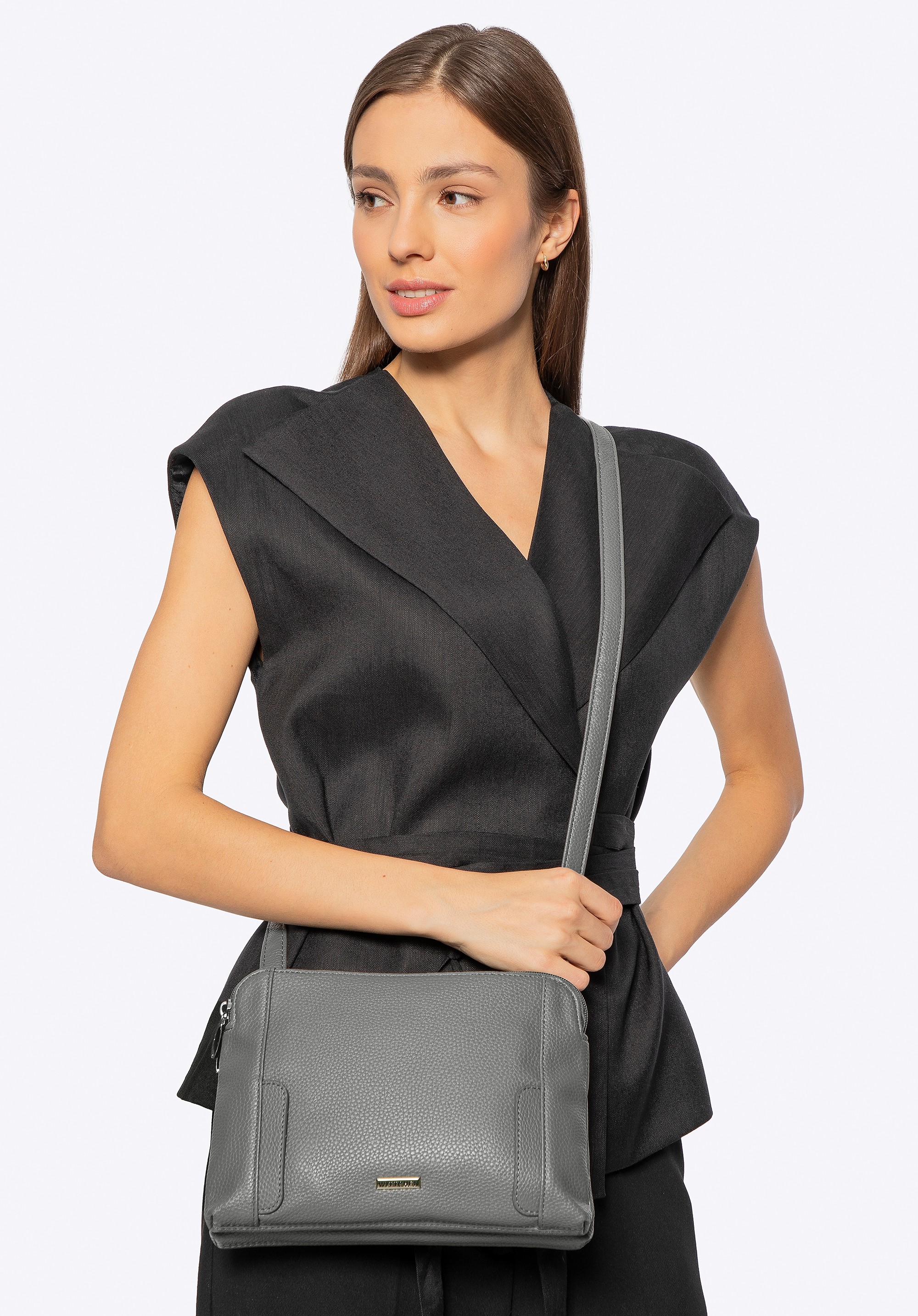 Damska torebka crossbody dwukomorowa szaro - srebrna