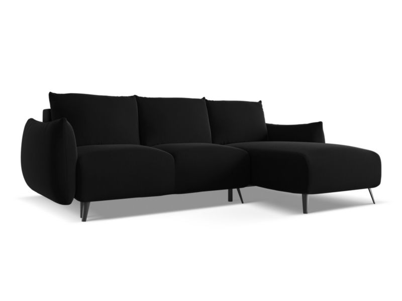 Narożnik prawostronny z funkcją spania Makamii Malie z tkaniny welwetowej 242x162 cm czarny 1 szt.
