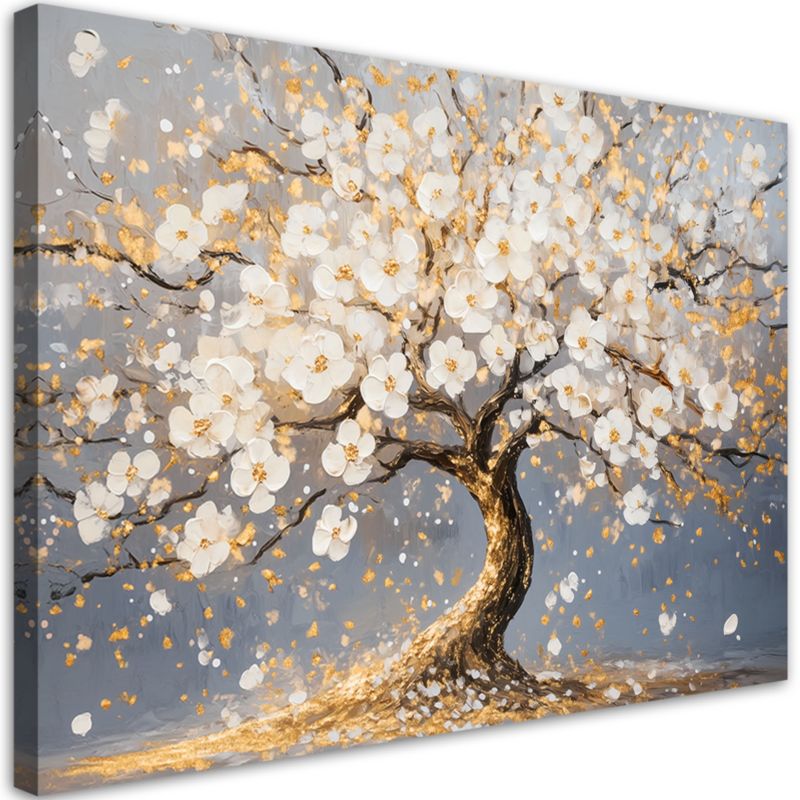 Obraz na płótnie Feeby Złote Drzewo z Białymi Kwiatami 90x60cm 1szt