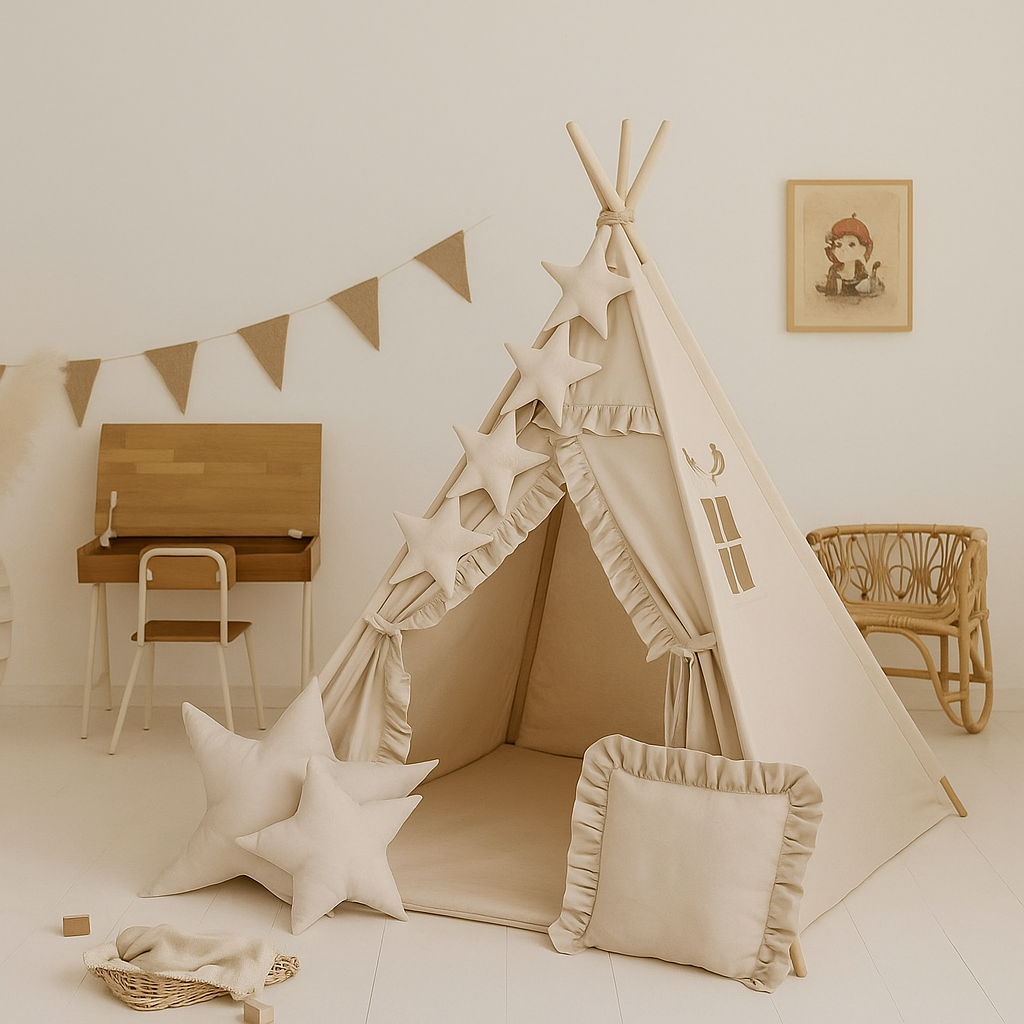 Zestaw namiot tipi + girlanda + mata + 3 poduszki beżowy falbankami al