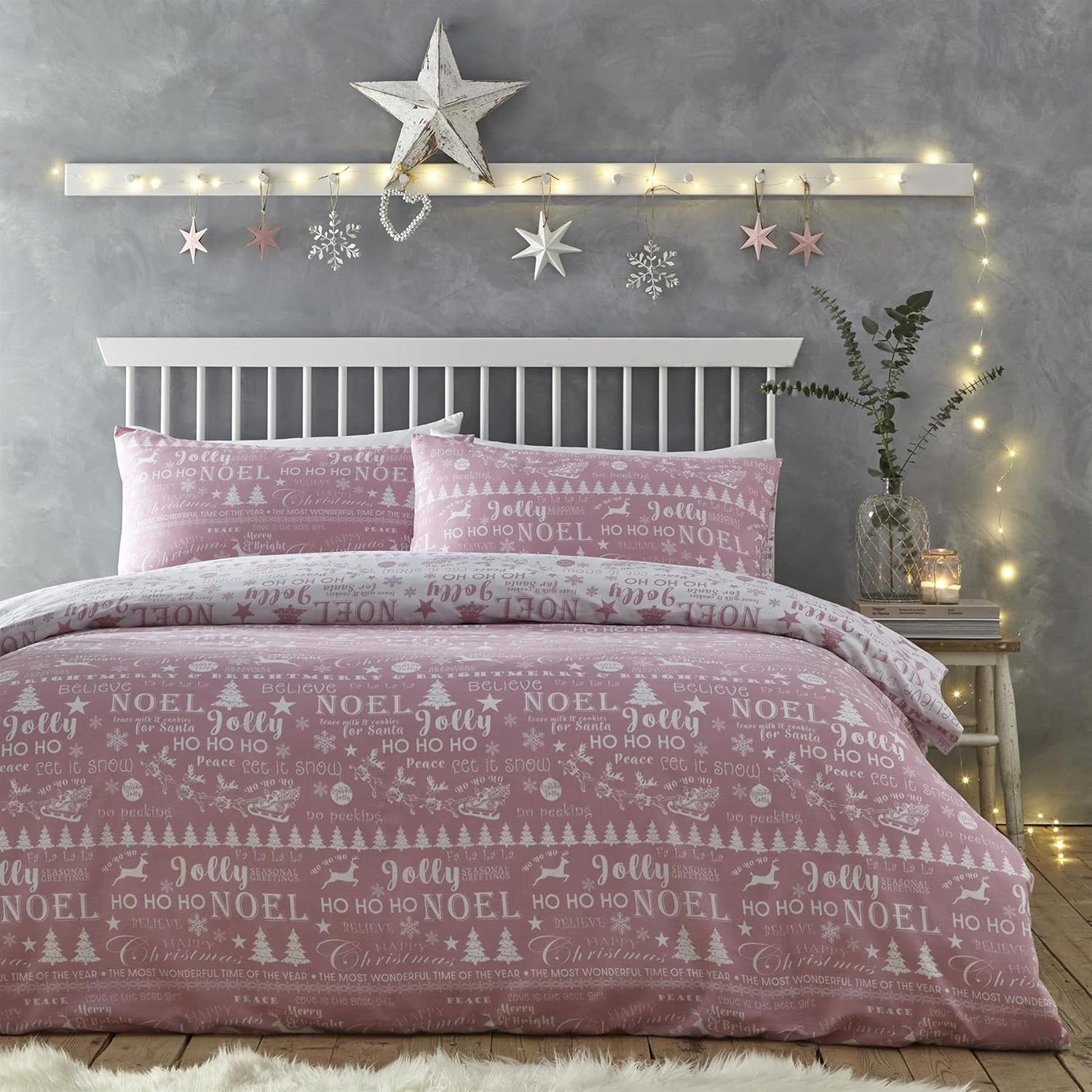 Komplet pościeli świątecznej dwustronnej Jolly pudrowy róż Rozmiar do Wyboru MA - 1x poszewka 220x230cm + 2x poszewka 80x50cm