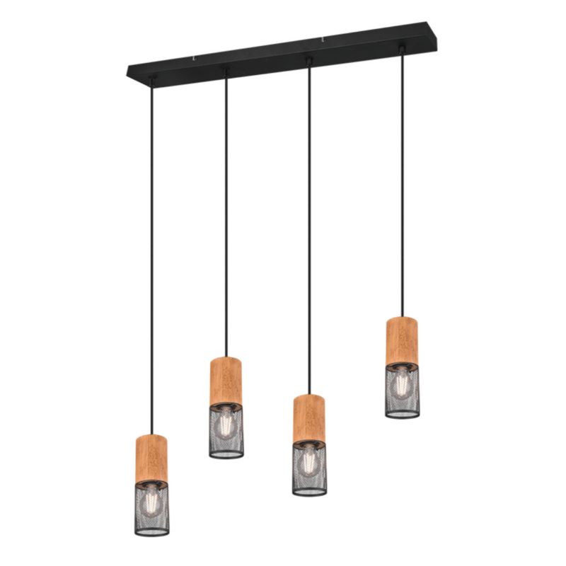 Lampa sufitowa wisząca Trio Tosh czarna-jasne drewno wym: 150 x 65 x 9 cm 4xE27 x 1 szt.