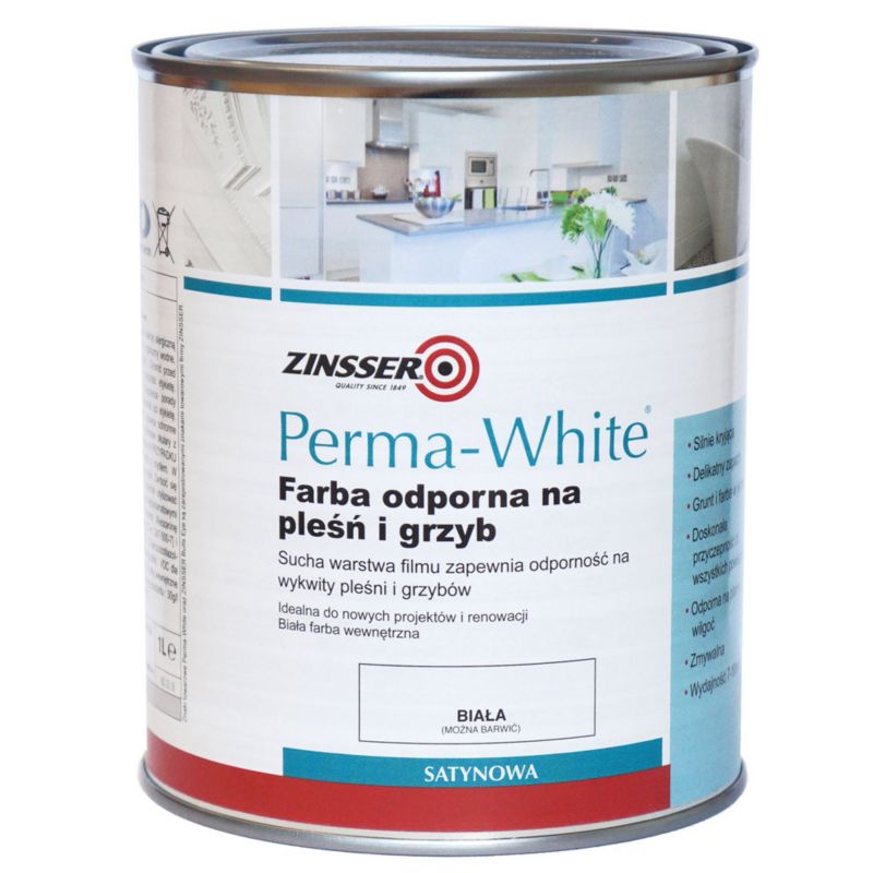 Farba do łazienki i kuchni Zinsser Perma-White na pleśń i grzyb 1L satyna