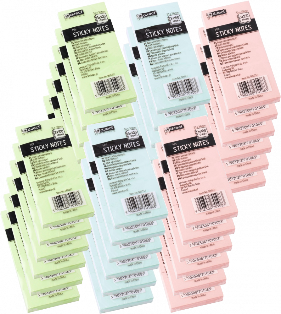 12x Karteczki samoprzylepne D.Rect 38x51mm, 3x100 karteczek, mix kolorów pastelowych