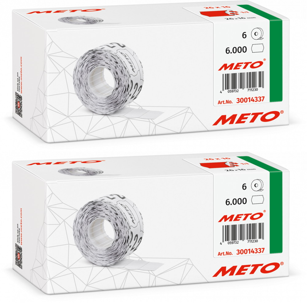 2x Etykiety cenowe w rolce Meto, do metkownicy dwurzędowej, 26x16 mm, 1000 sztuk, 6 rolek, czerwony
