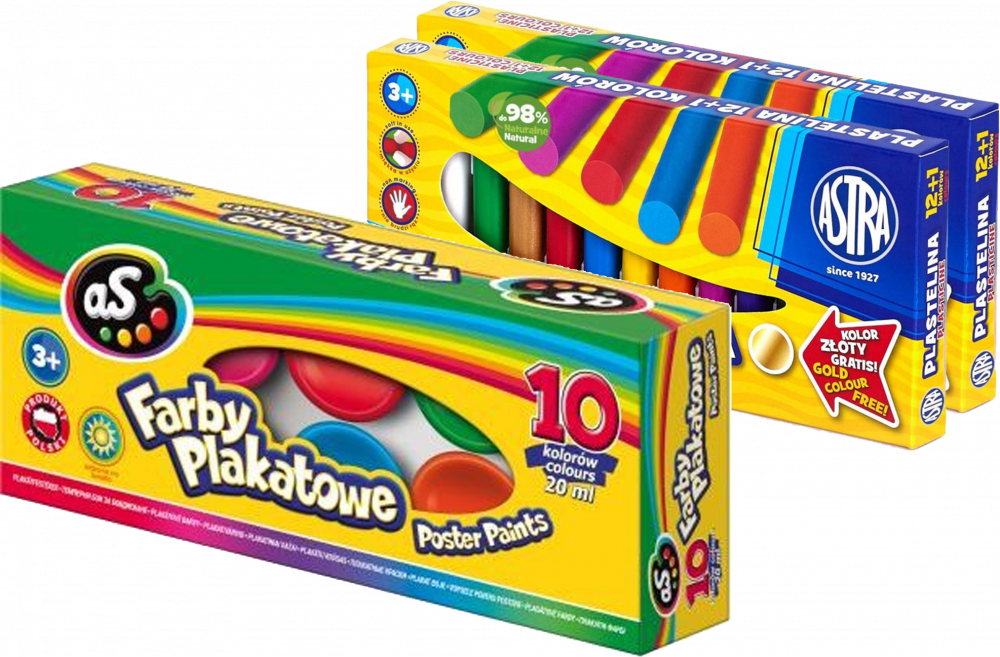 Zestaw: 2x Plastelina Astra, 13 kolorów (12+1 kolor gratis) + Farby plakatowe Astra AS, 20ml, 10 sztuk, mix kolorów