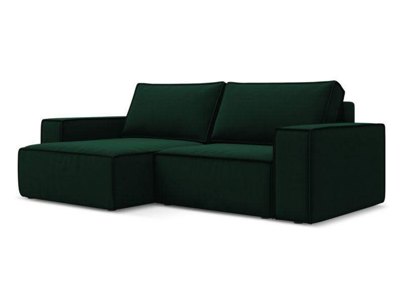 Narożnik lewostronny z funkcją spania Makamii Kimo z tkaniny welwetowej 257x148 cm butelkowa zieleń 1 szt.