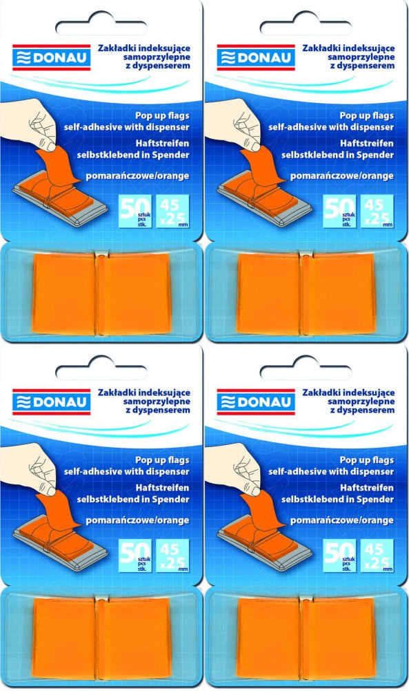 4x Zakładki samoprzylepne Donau, indeksujące, 25x45mm, 1x50 sztuk, pomarańczowy