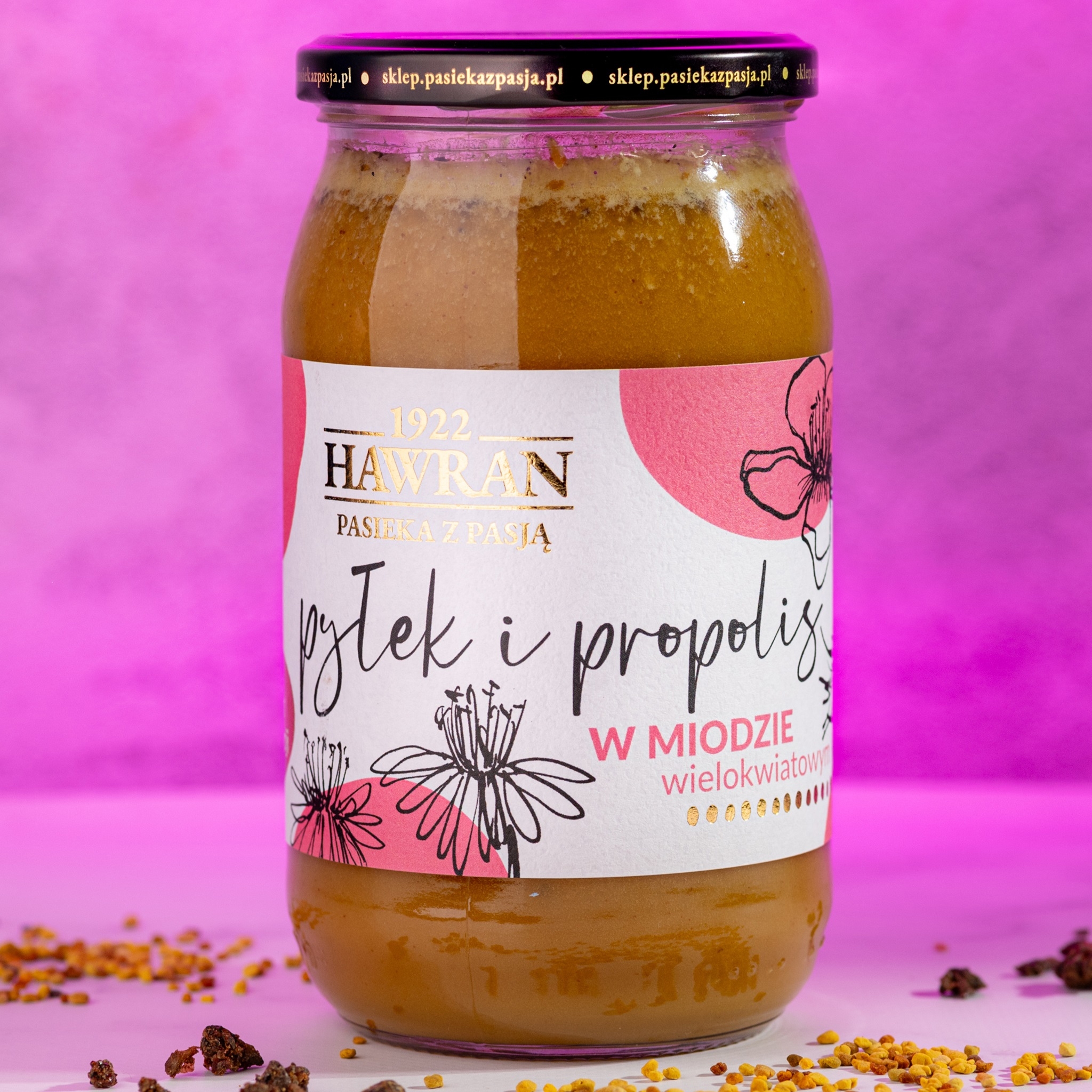 Pyłek i propolis w miodzie wielokwiatowym 1010g - Pasieka z Pasją Hawran