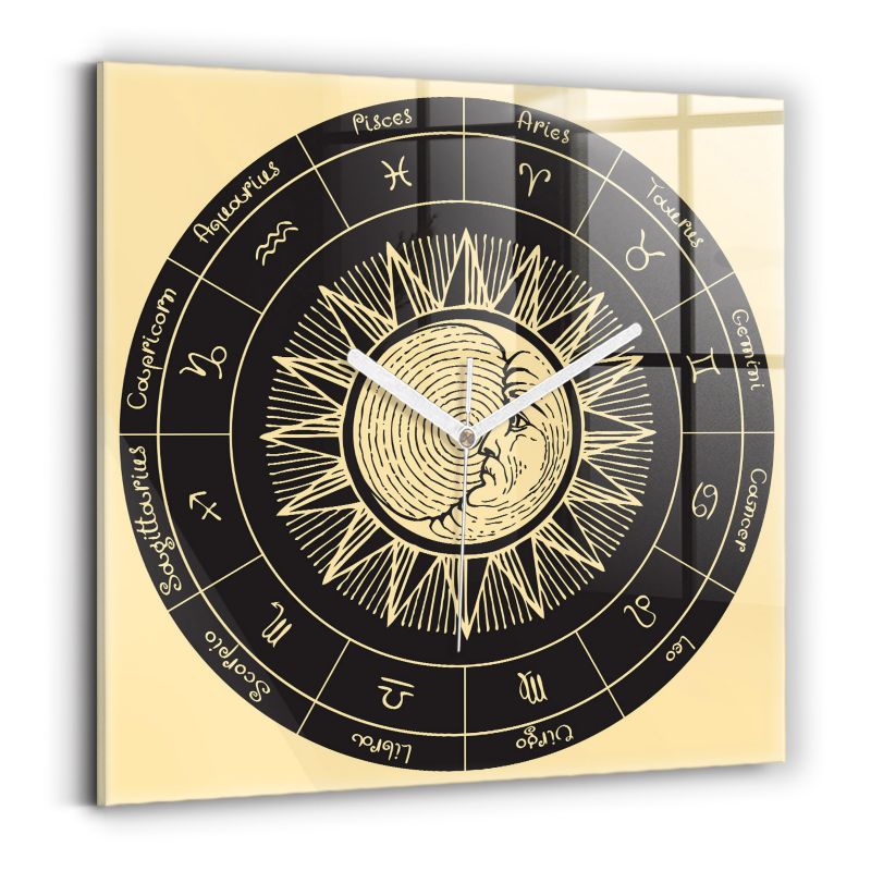 Zegar szklany białe wskazówki Wallfluent 30x30 cm Zodiaki i Słońce 1 szt.