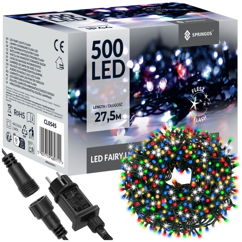 Lampki choinkowe Springos 500 led multikolor + zimny biały flash 27,5 m oświetlenie zewnętrzne, wewnętrzne 1 szt.