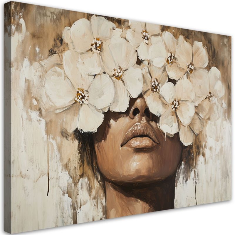 Obraz na płótnie Feeby Kobieta Kwiaty na głowie Beżowy 90x60cm 1szt
