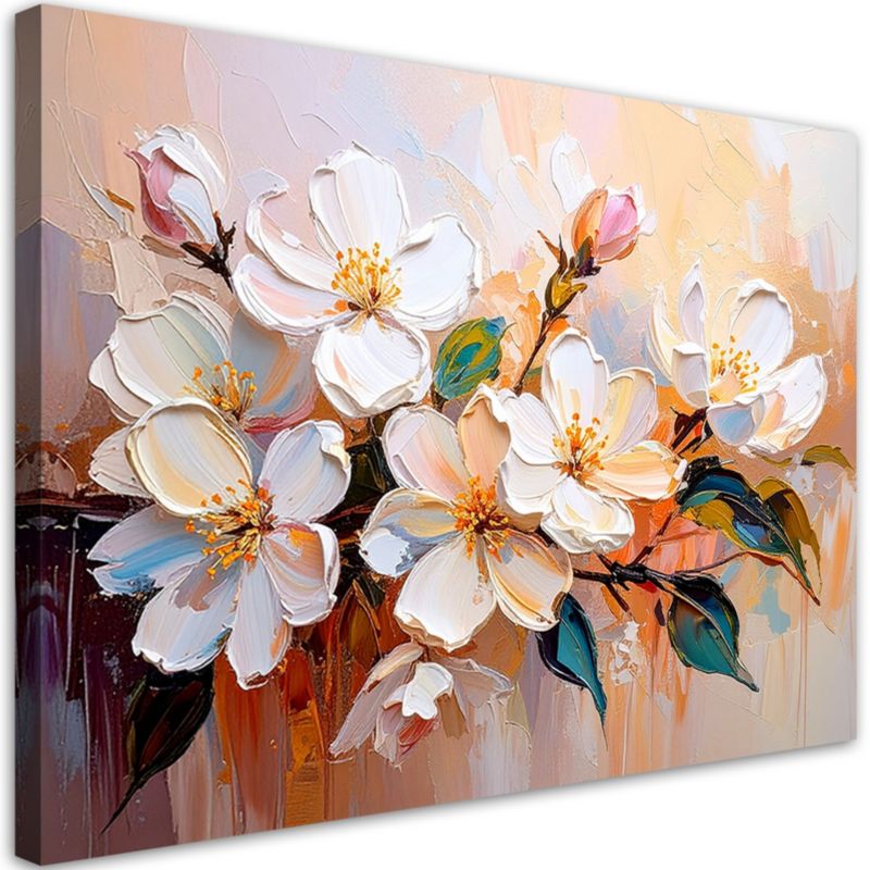 Obraz do salonu sypialni Feeby Malowane Białe Kwiaty w beżu 100x70cm 1szt
