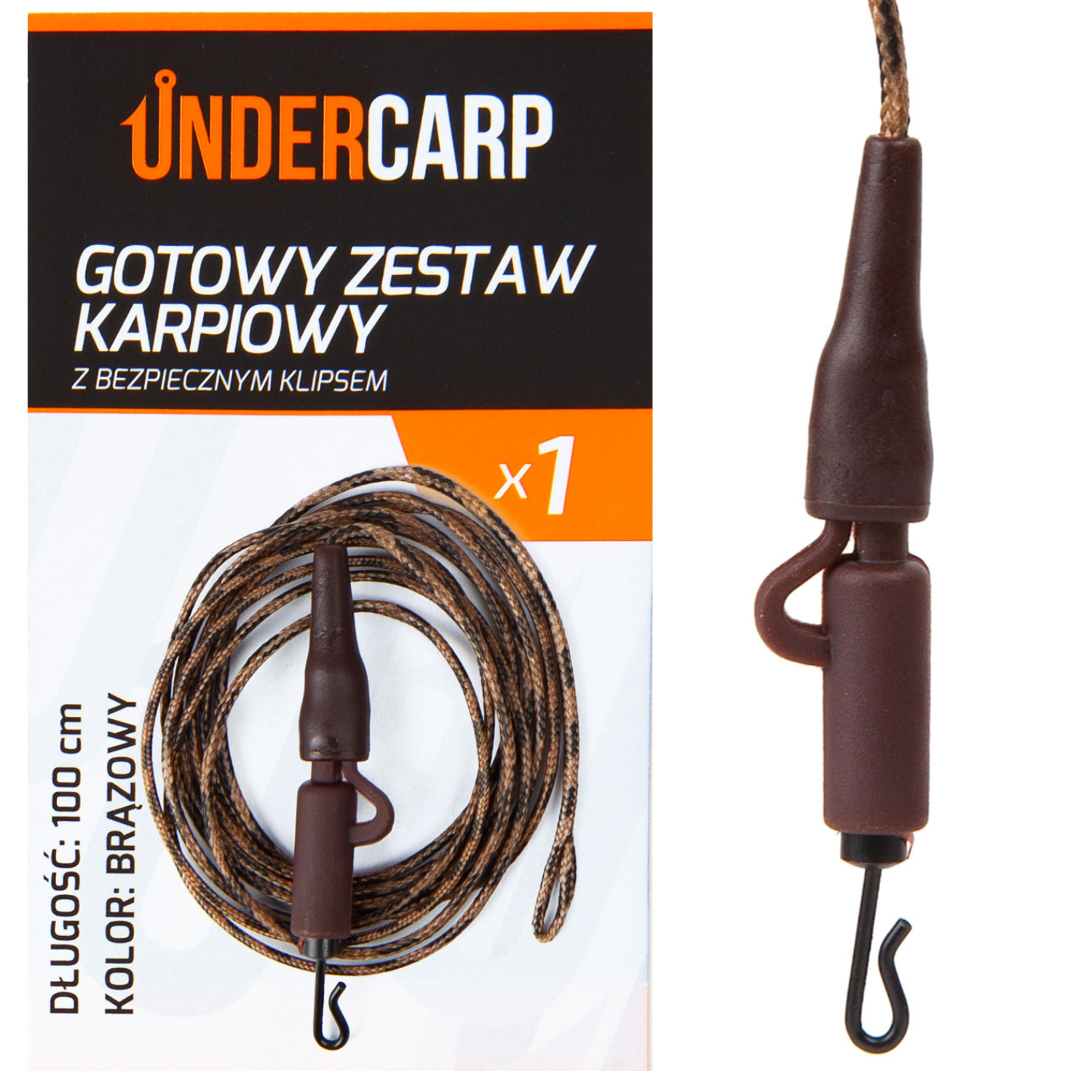 UnderCarp Gotowy zestaw karpiowy z bezpiecznym klipsem brązowy 100 cm