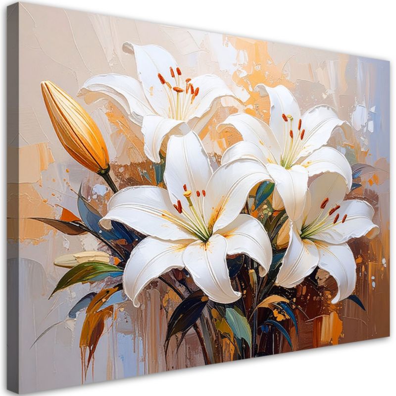 Obraz na płótnie nowoczesny do salonu Feeby Lilie Białe Kwiaty malowane 90x60cm 1szt
