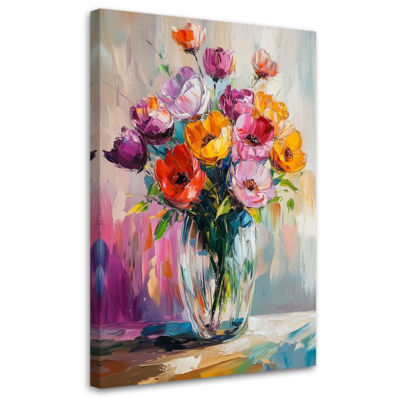 Obraz na płótnie Feeby Bukiet Kolorowych Tulipanów w Wazonie 80x120cm 1szt