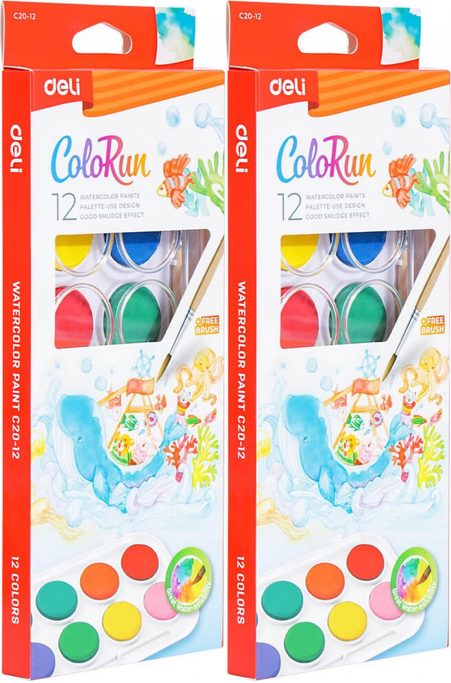 2x Farby akwarelowe Deli Colorun EC20 z pędzelkiem, 12 sztuk, mix kolorów