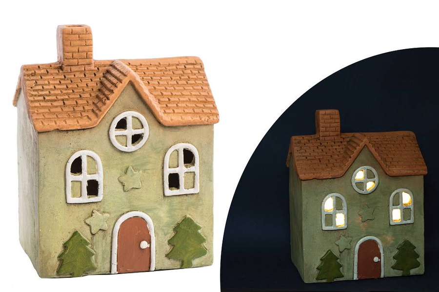 Domek ceramiczny zielony 1-piętro brązowy dach i drzwi, choinki