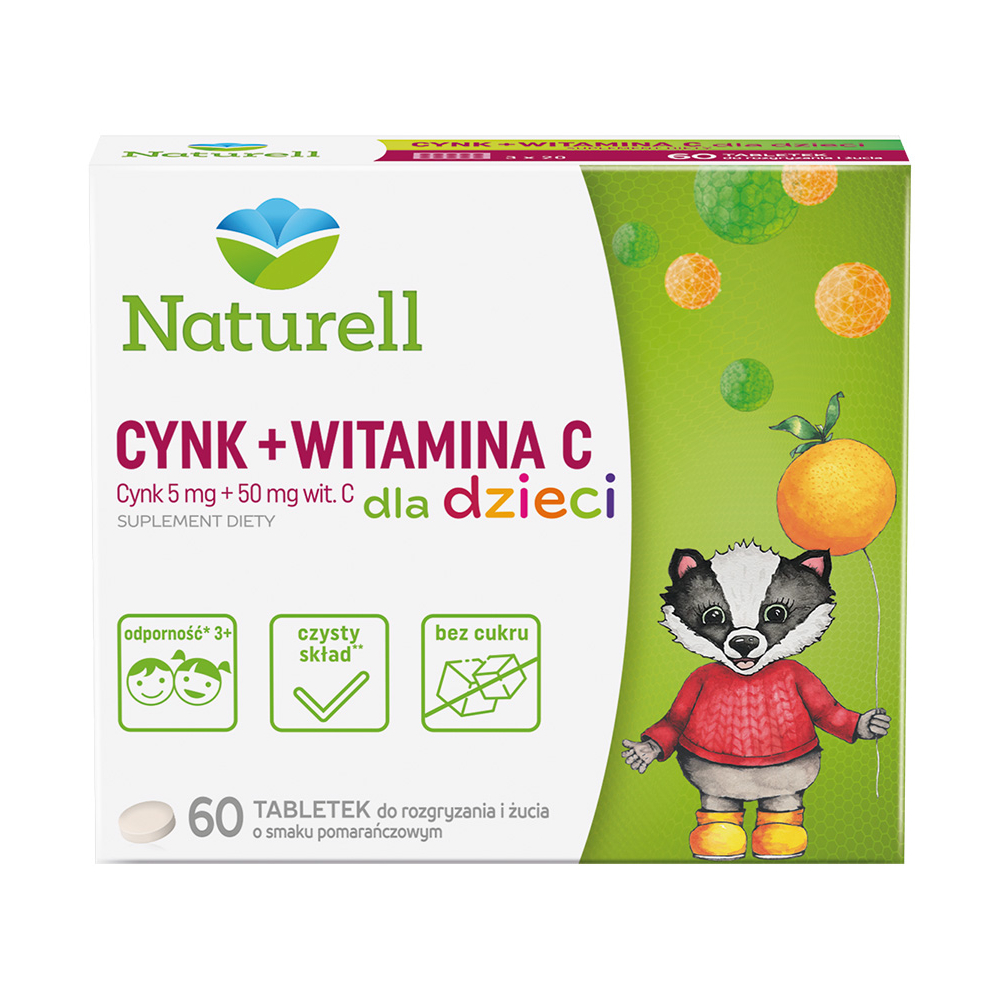 Naturell cynk + witamina c, dla dzieci, 60 tabletek do żucia