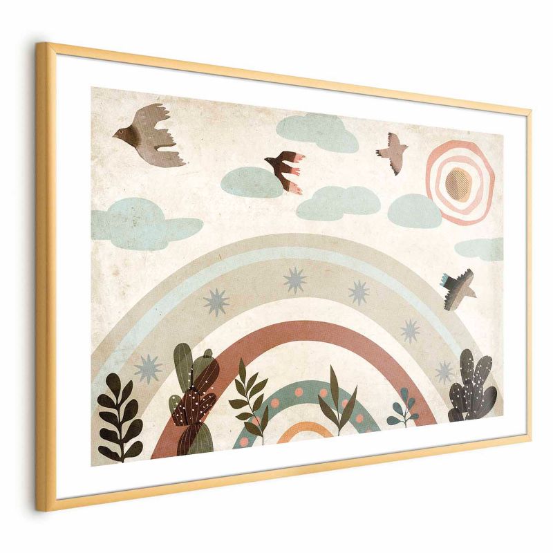 Plakat Artgeist Tęcza i ptaki 90x60 cm z ramą złotą 1 szt