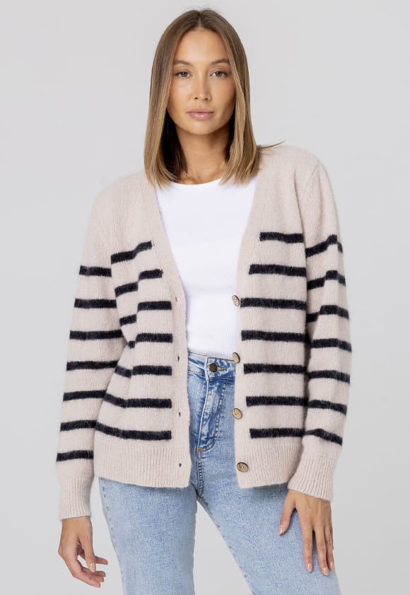 Gestreifter Woll-Cardigan CAMILLE - schmutziges Rosa