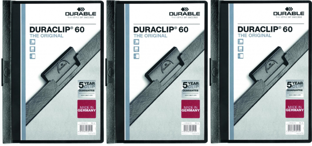 3x skoroszyt plastikowy z klipsem Durable DuraClip, A4, do 60 kartek, czarny