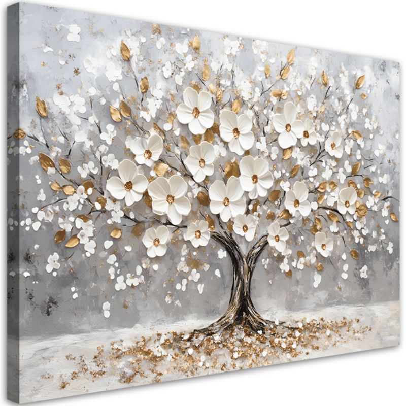 Obraz na płótnie Feeby Drzewo Białe Kwiaty Liscie Zloty 90x60cm 1szt