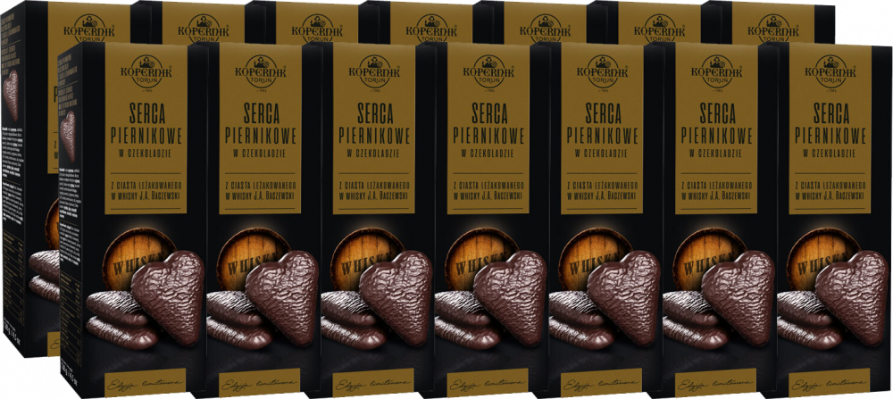 14x Pierniki Kopernik Premium Serca Piernikowe w deserowej czekoladzie, whisky, 128g