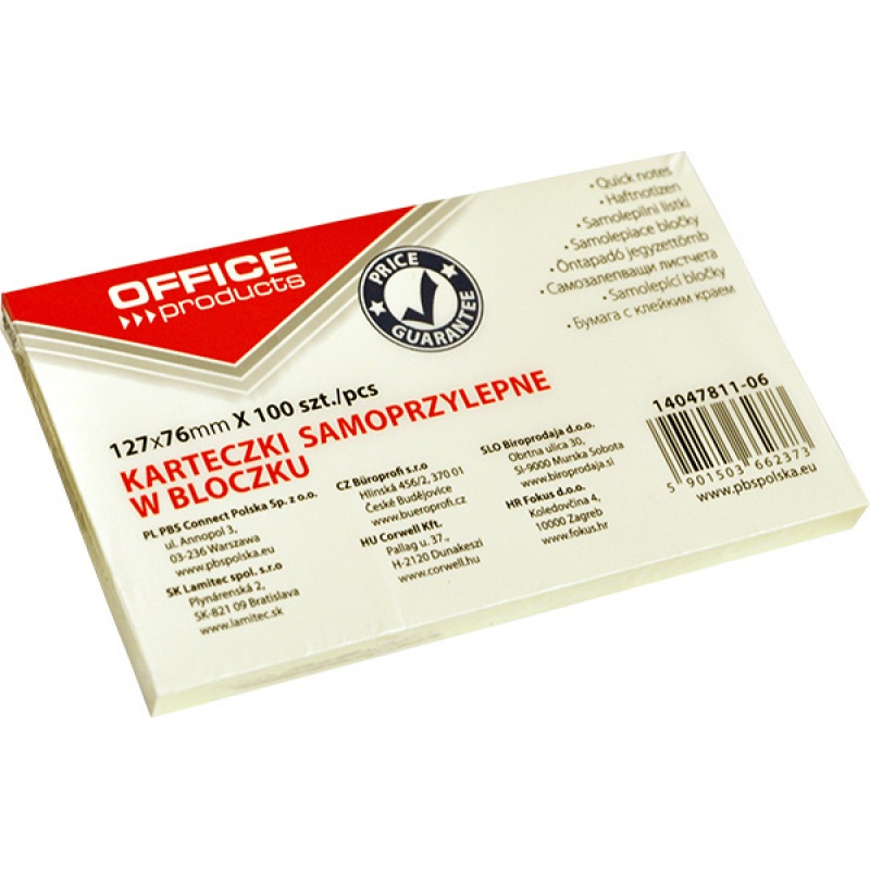 Karteczki samoprzylepne Office Products, 127x76mm, 100 karteczek, jasnożółty pastelowy